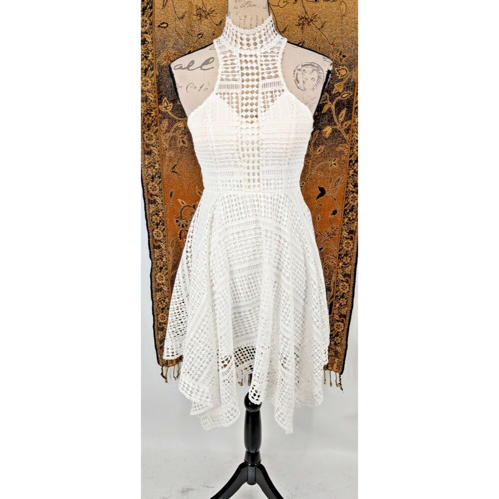 L'ATISTE White Halter Dress SMALL "Crochet" Handkerchief Hem Coquette